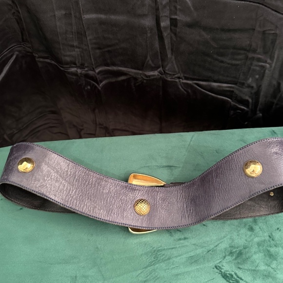 ECHT LEDER, navy blue leather belt with gold buckle - Picture 2 of 5